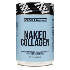 NAKED Vanilla Collagen Peptides bottle front showing clean packaging and product name for trust