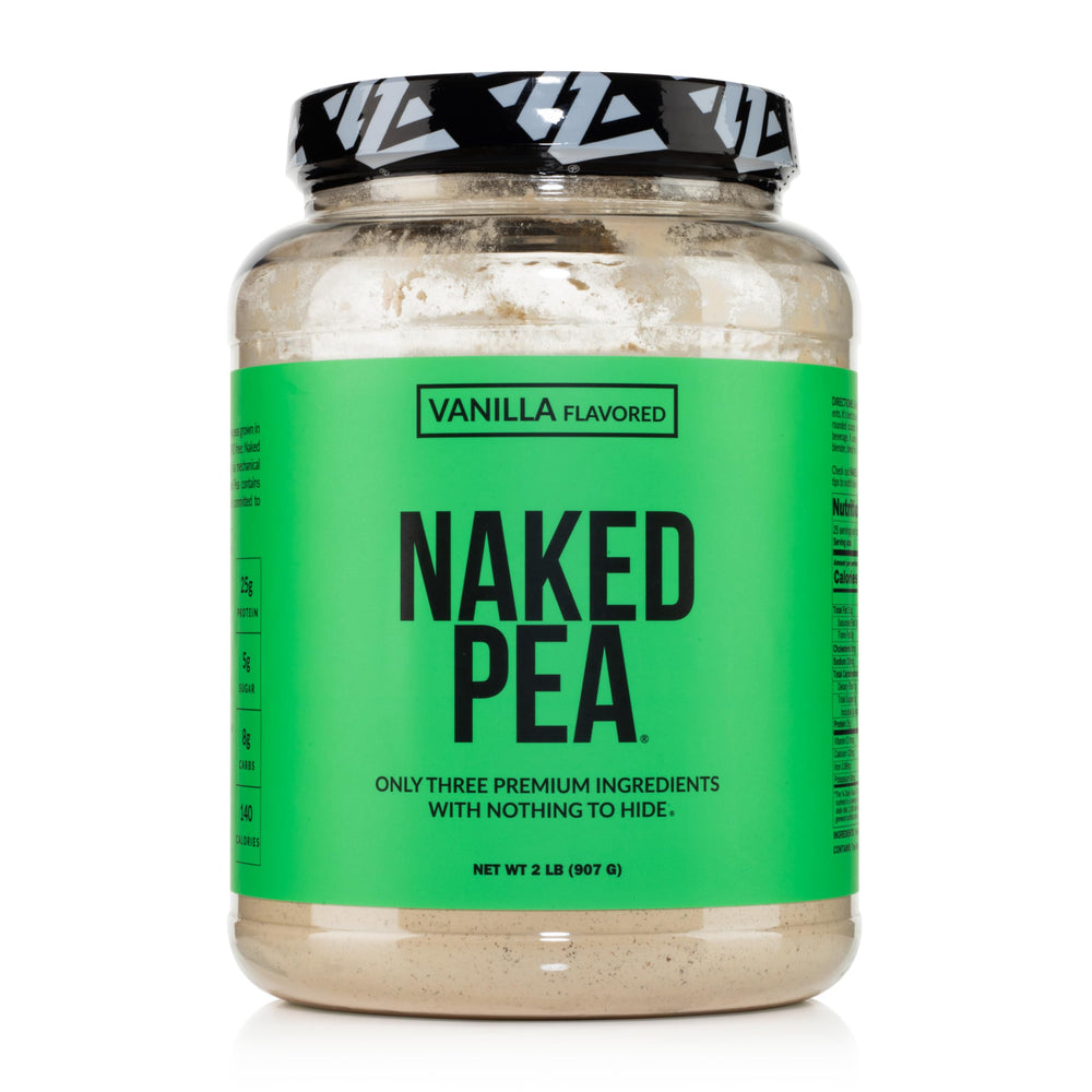 Naked Vanilla Pea Protein Isolate bag highlights its three-ingredient formula for clean vegan nutrition.