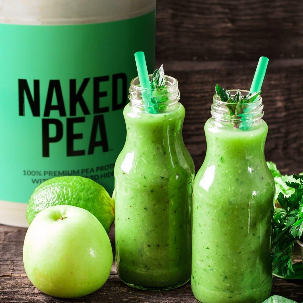 Naked Vanilla Pea Protein Smoothie glass shows creamy vanilla flavor.