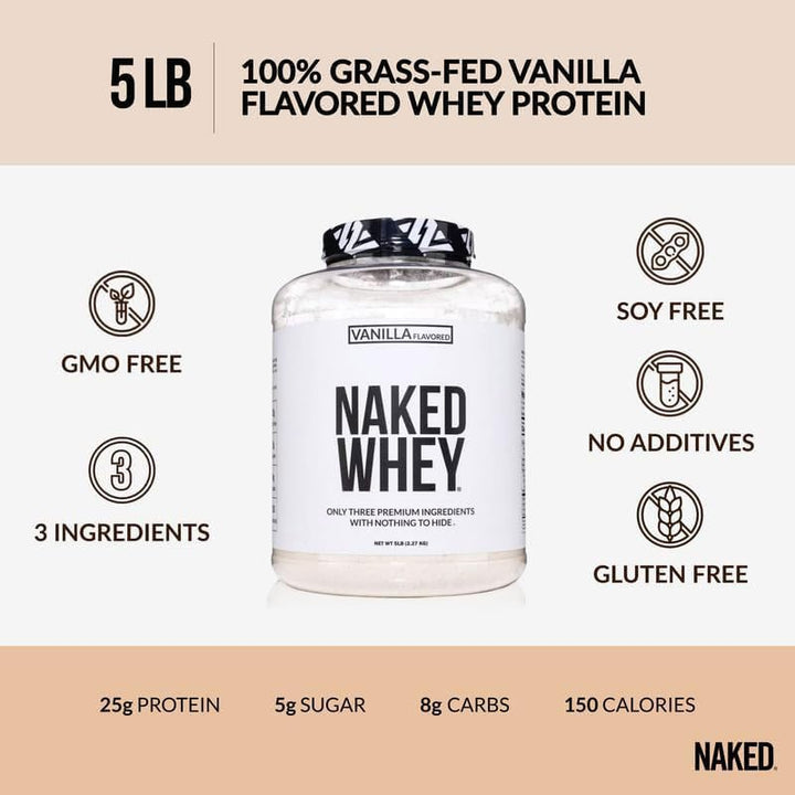 NAKED Vanilla Whey Powder cold-processing badge indicates pure protein