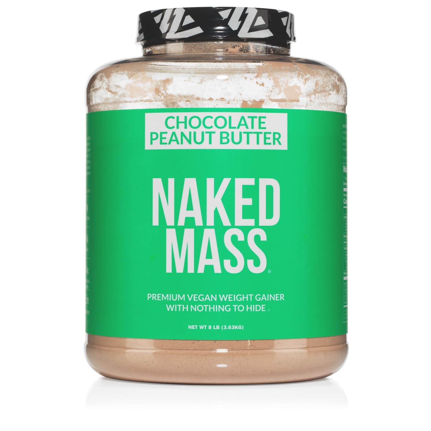 NAKED Vegan Mass chocolate peanut butter tub with clean ingredients display