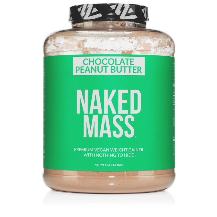 NAKED Vegan Mass chocolate peanut butter tub with clean ingredients display
