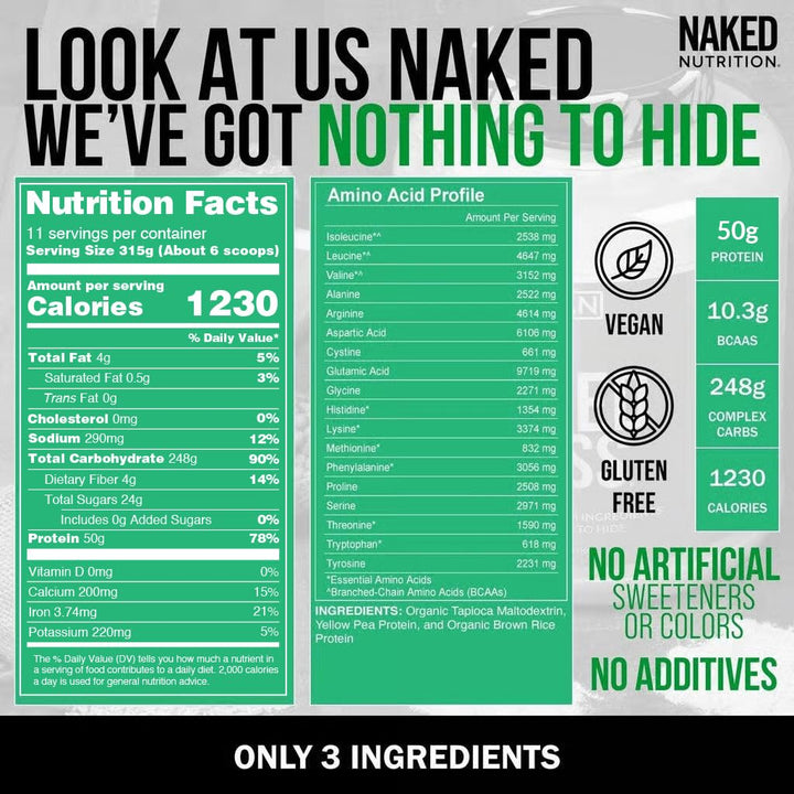 NAKED Vegan Mass ingredients pea rice, highlighting clean plant-based protein sources