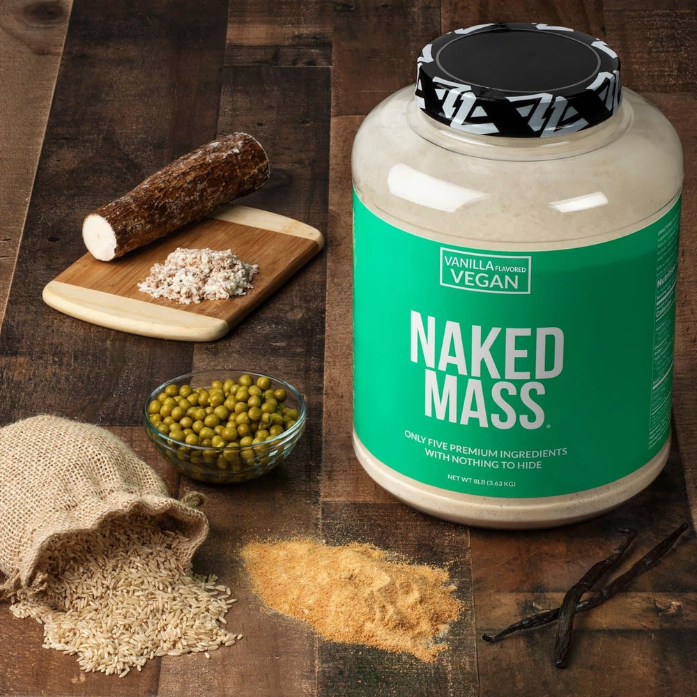 NAKED Vegan Mass Vanilla post-workout scene signals energy-dense nutrition