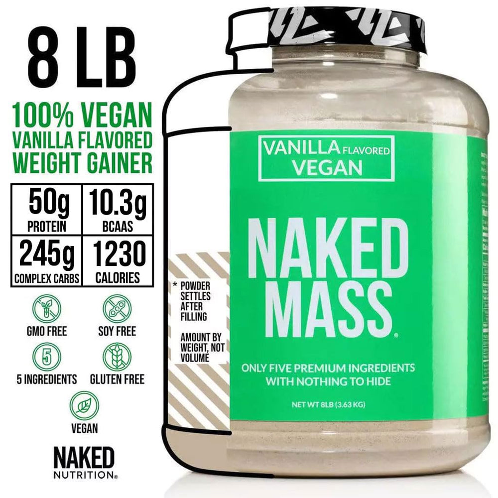 NAKED Vegan Mass Vanilla shake pour shows creamy vanilla energy after workouts
