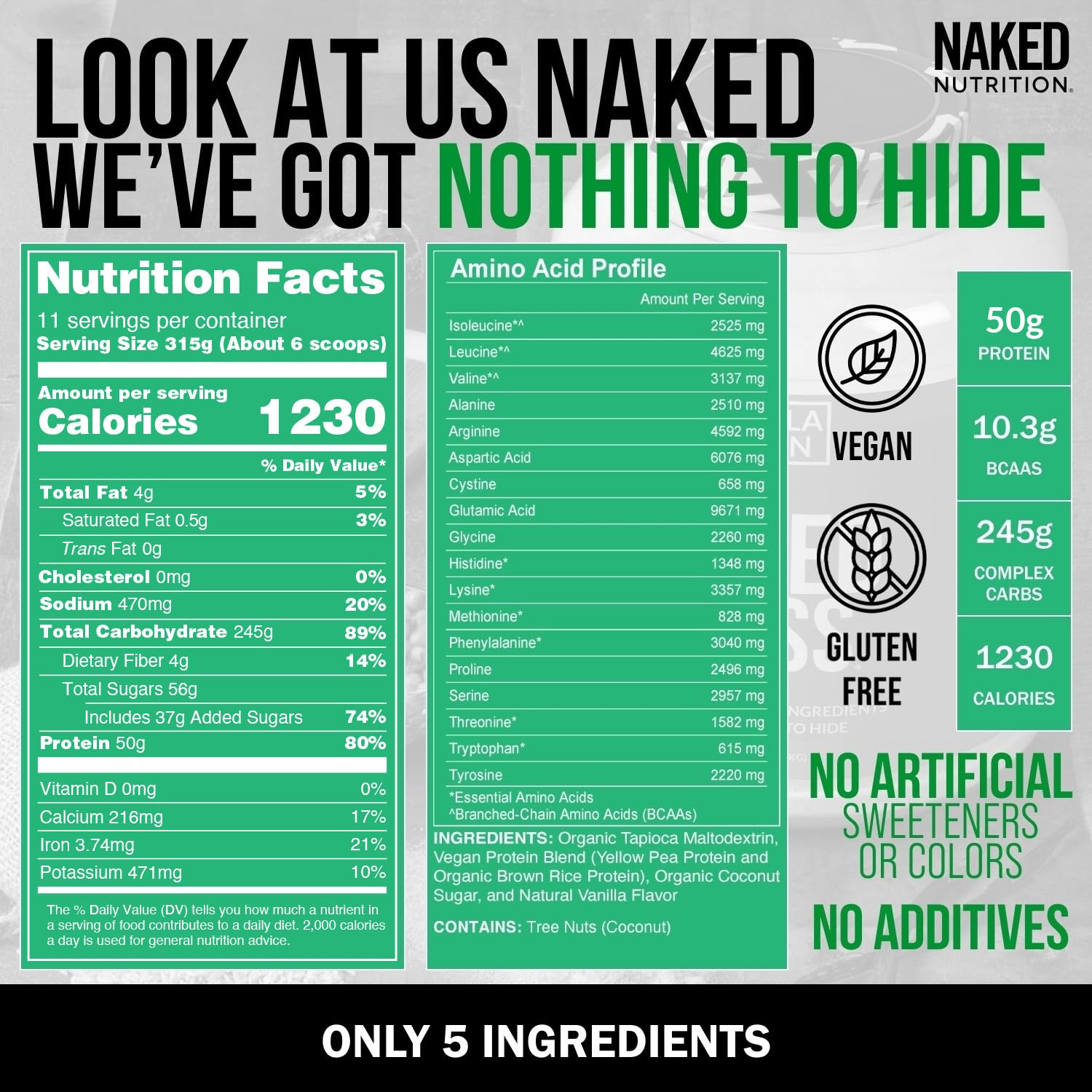 NAKED Vegan Mass Vanilla tub close-up underscores non-GMO, gluten-free formula