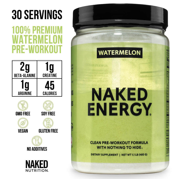 NAKED Watermelon Energy ingredients closeup highlighting vegan formula for clean fueling