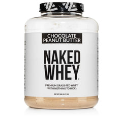 NAKED Whey Chocolate Peanut Butter powder in a scoop, ideal for shakes.
