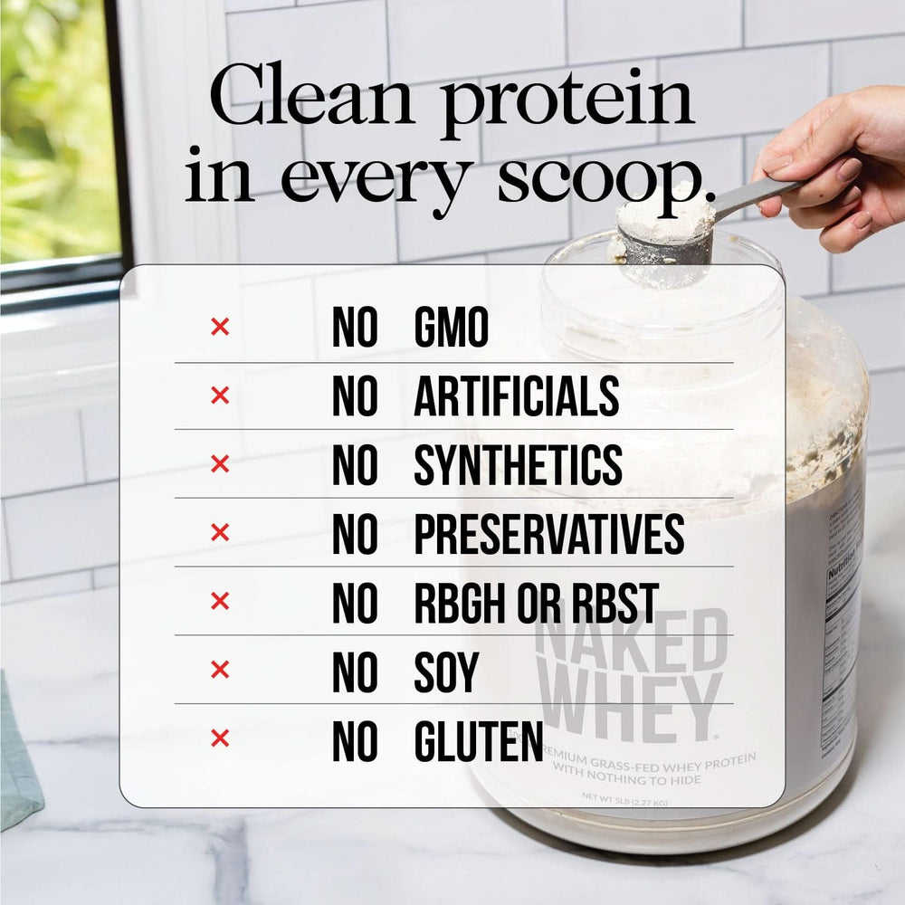 NAKED Whey cold-process label highlights minimal processing for clean protein.