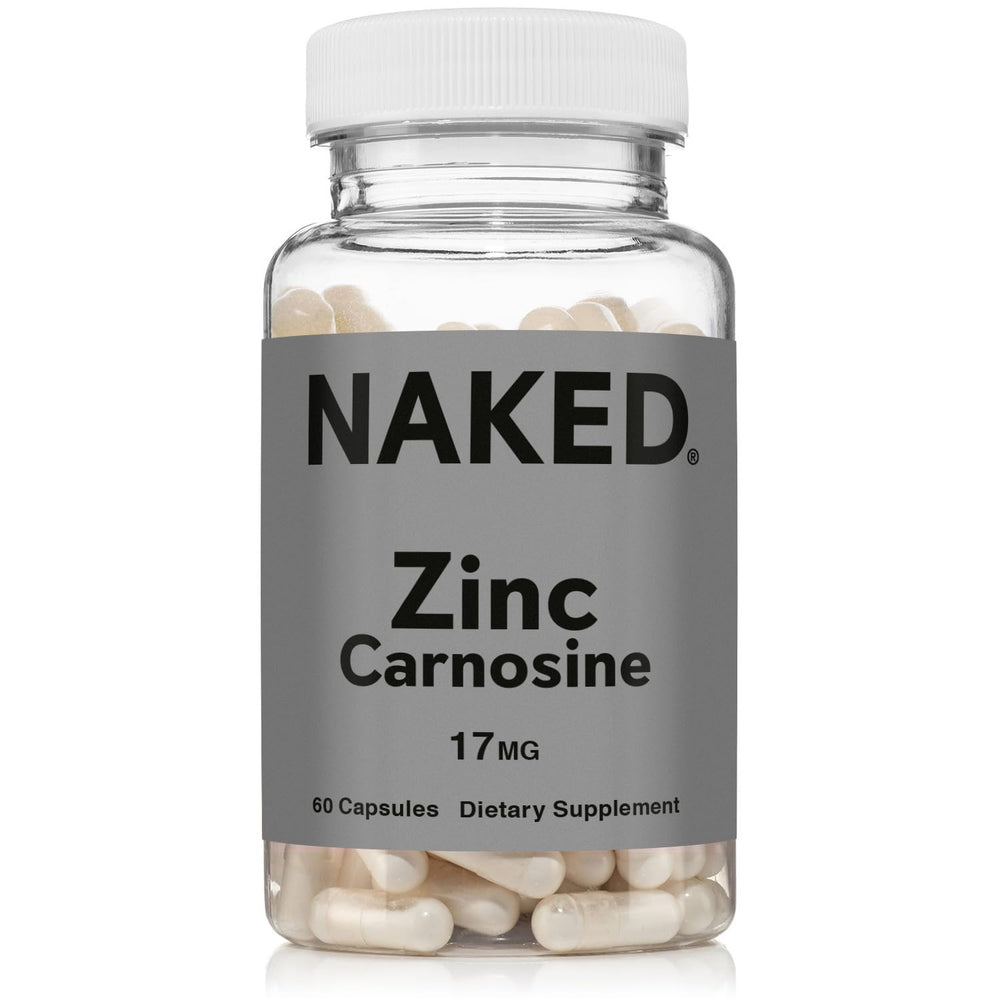 NAKED Zinc Carnosine bottle front, vegan and gluten-free gut support.
