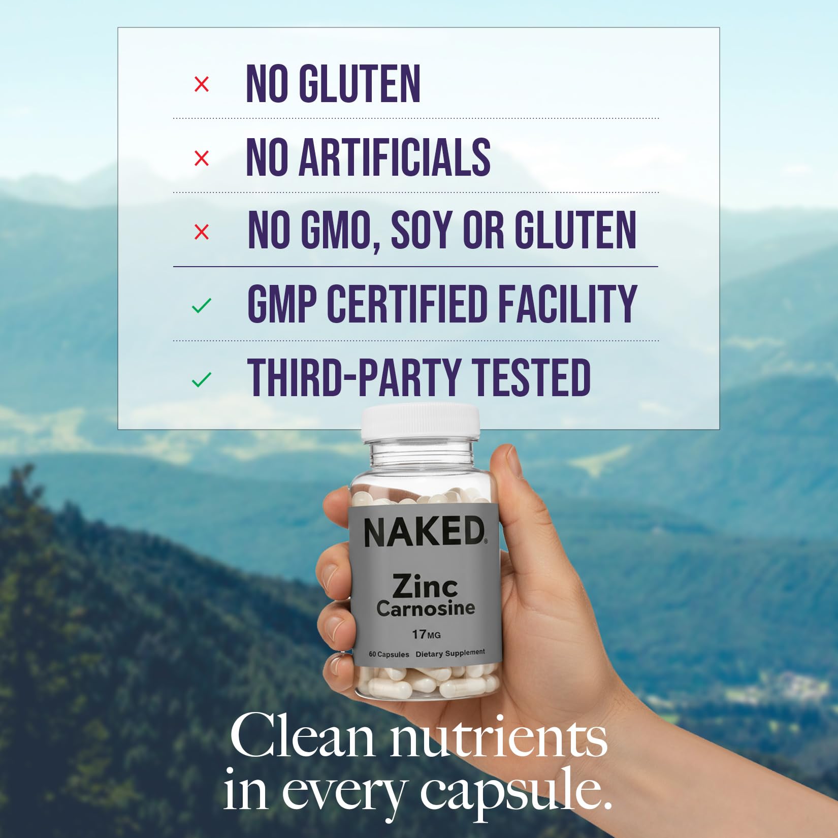 NAKED Zinc Carnosine capsules closeup highlighting easy-to-ingest form for daily digestion.