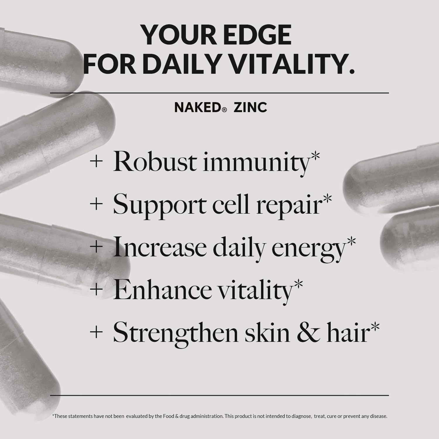 NAKED Zinc Carnosine ingredients label with four-ingredient, clean formula.