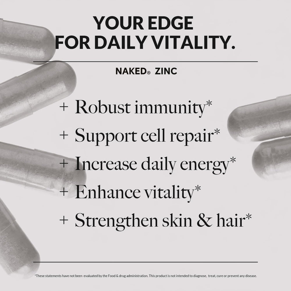 NAKED Zinc Carnosine ingredients label with four-ingredient, clean formula.
