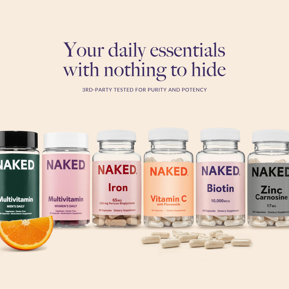 NAKED Zinc Carnosine boxed package on shelf conveys trust and availability.