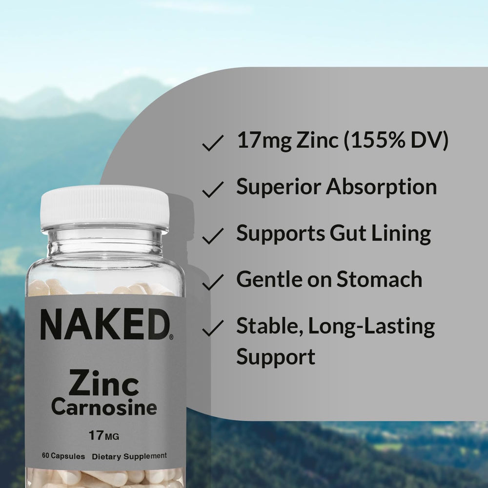 NAKED Zinc Carnosine vegan gluten-free symbol on packaging.