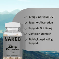 NAKED Zinc Carnosine vegan gluten-free symbol on packaging.