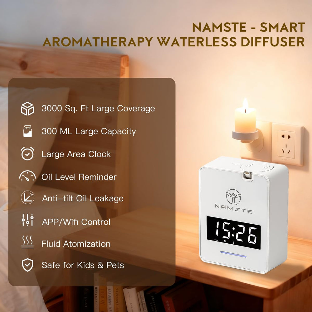 Namste Clock Display LED keeps time while fragrance schedules run smoothly.