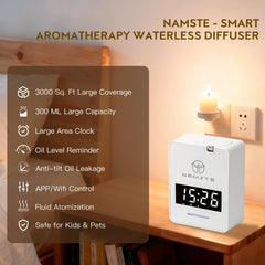 Namste Clock Display LED keeps time while fragrance schedules run smoothly.