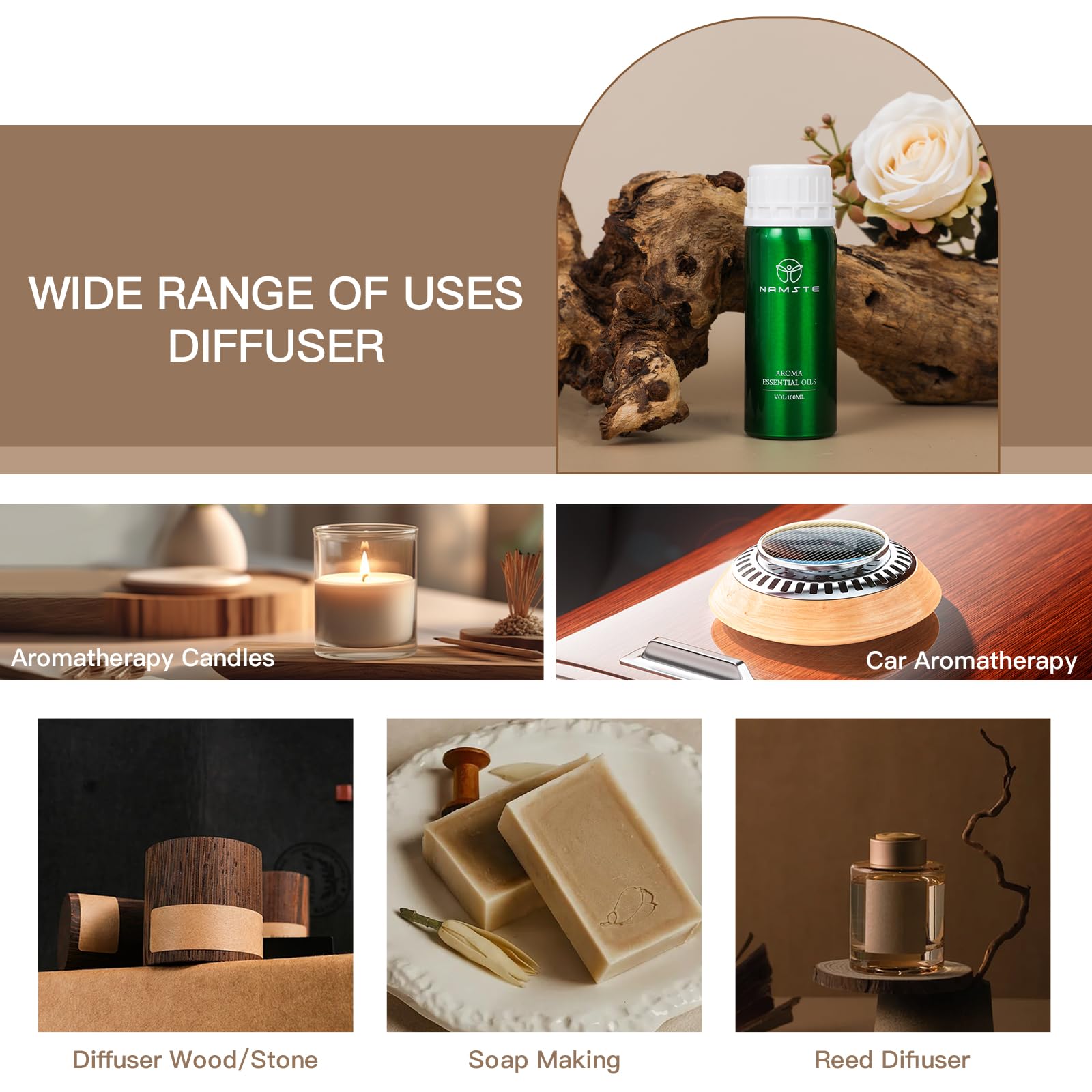 NAMSTE Namste diffuser oil base notes cedarwood and labdanum for warm depth.