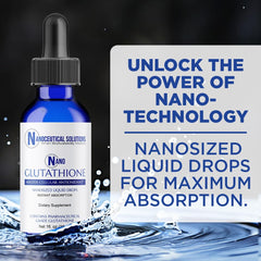 Amber glass bottle of Nano Glutathione Drops with clean gluten-free label.