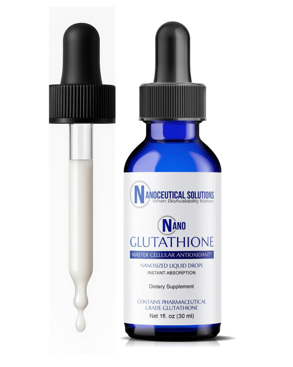 Nanoceutical Solutions Nano Glutathione Drops bottle shown for premium antioxidant support.