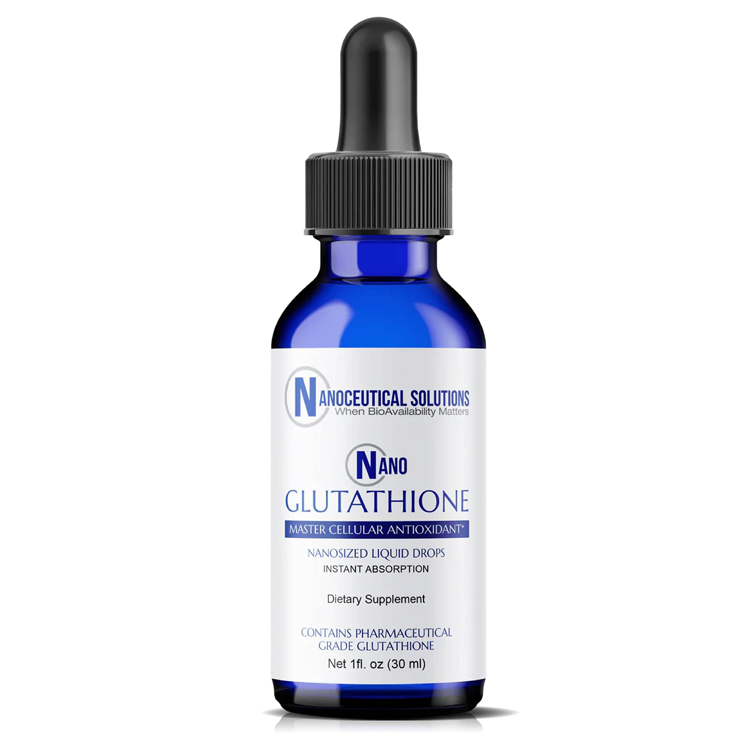 Vegan, non-GMO, gluten-free packaging for Nano Glutathione Drops.