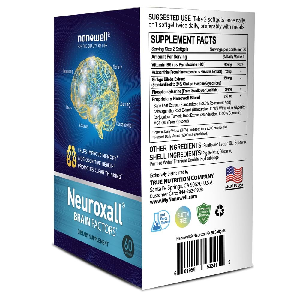 Nanowell Neuroxall bottle label closeup highlights key brain health ingredients.