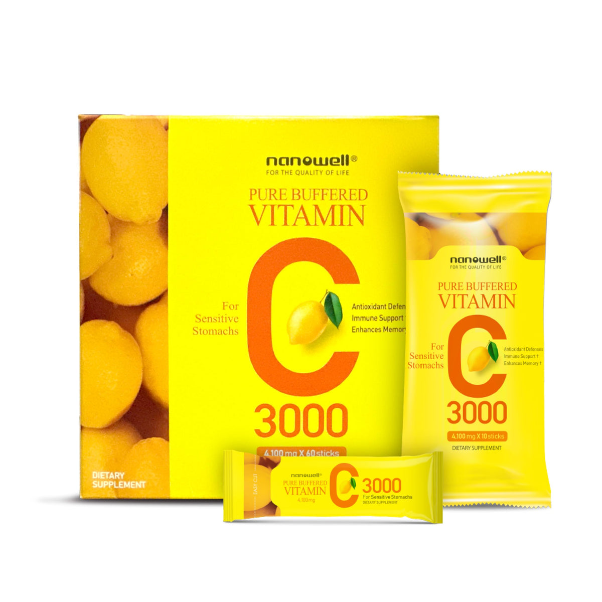NANOWELL Pure Buffered Vitamin C bottle with sticks, supports gentle daily immune routine.