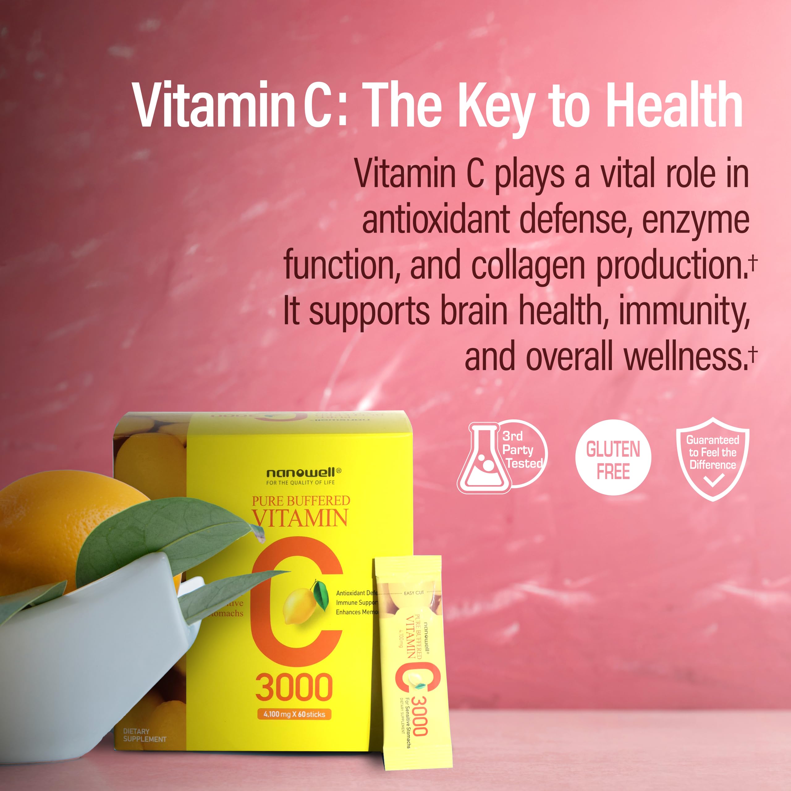 NANOWELL vitamin c label close-up highlighting buffered formula and high potency.