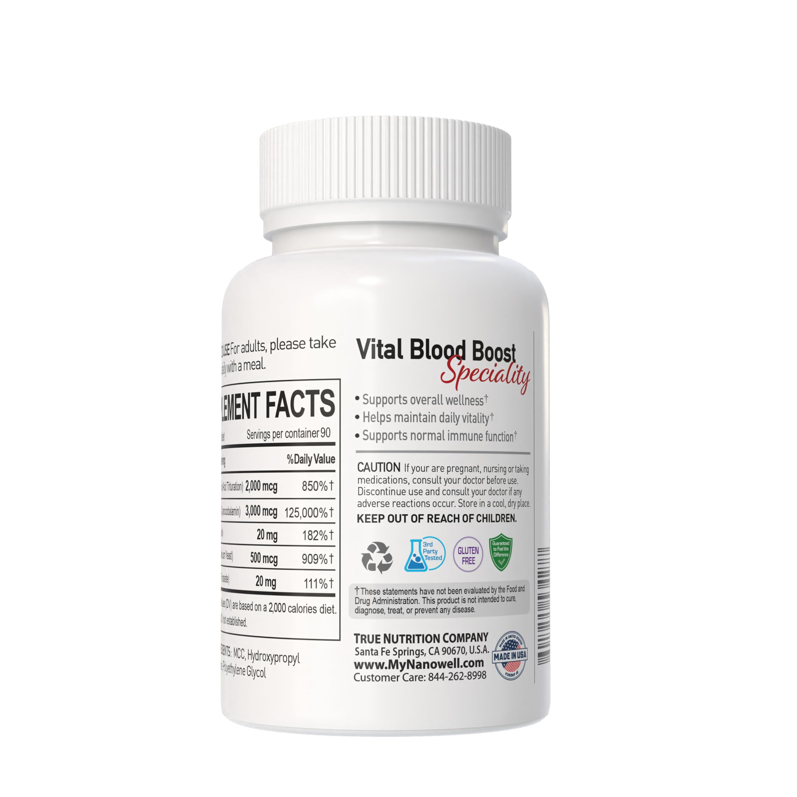 NANOWELL Vital Blood Boost ingredients label highlights iron, zinc and B12