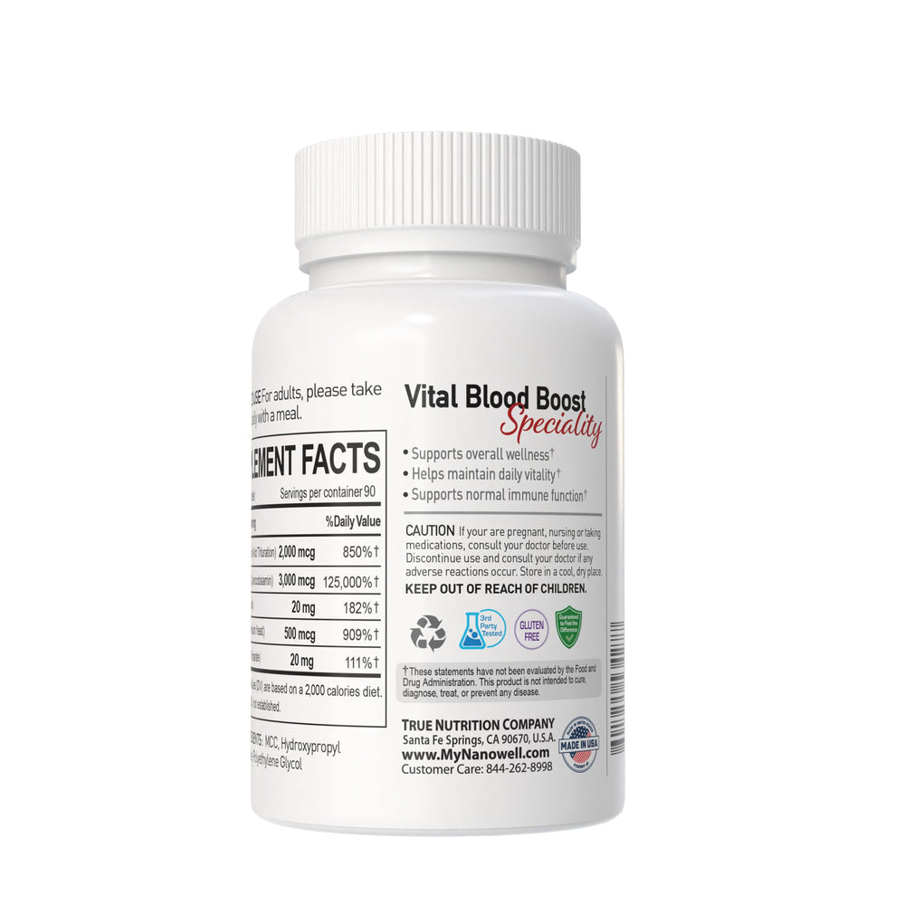 NANOWELL Vital Blood Boost ingredients label highlights iron, zinc and B12