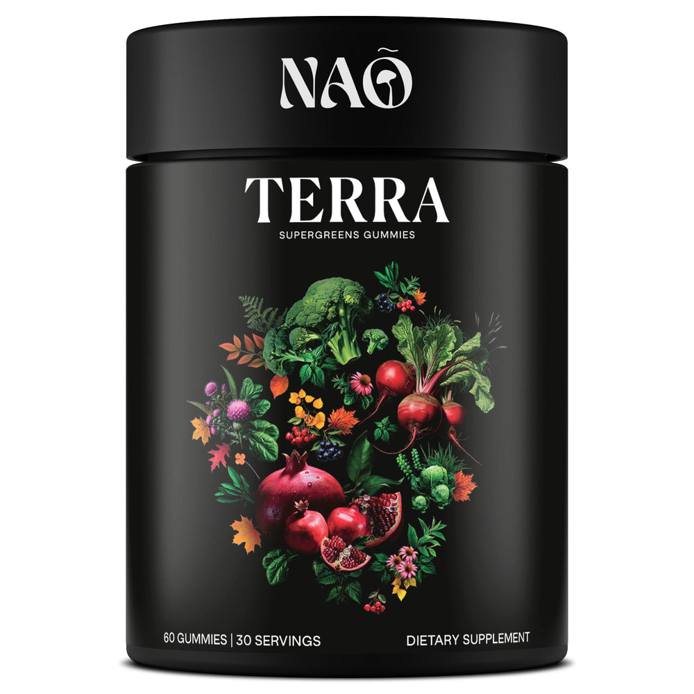 NAO Terra Supergreens bottle shows a vegan gummy for daily wellness.