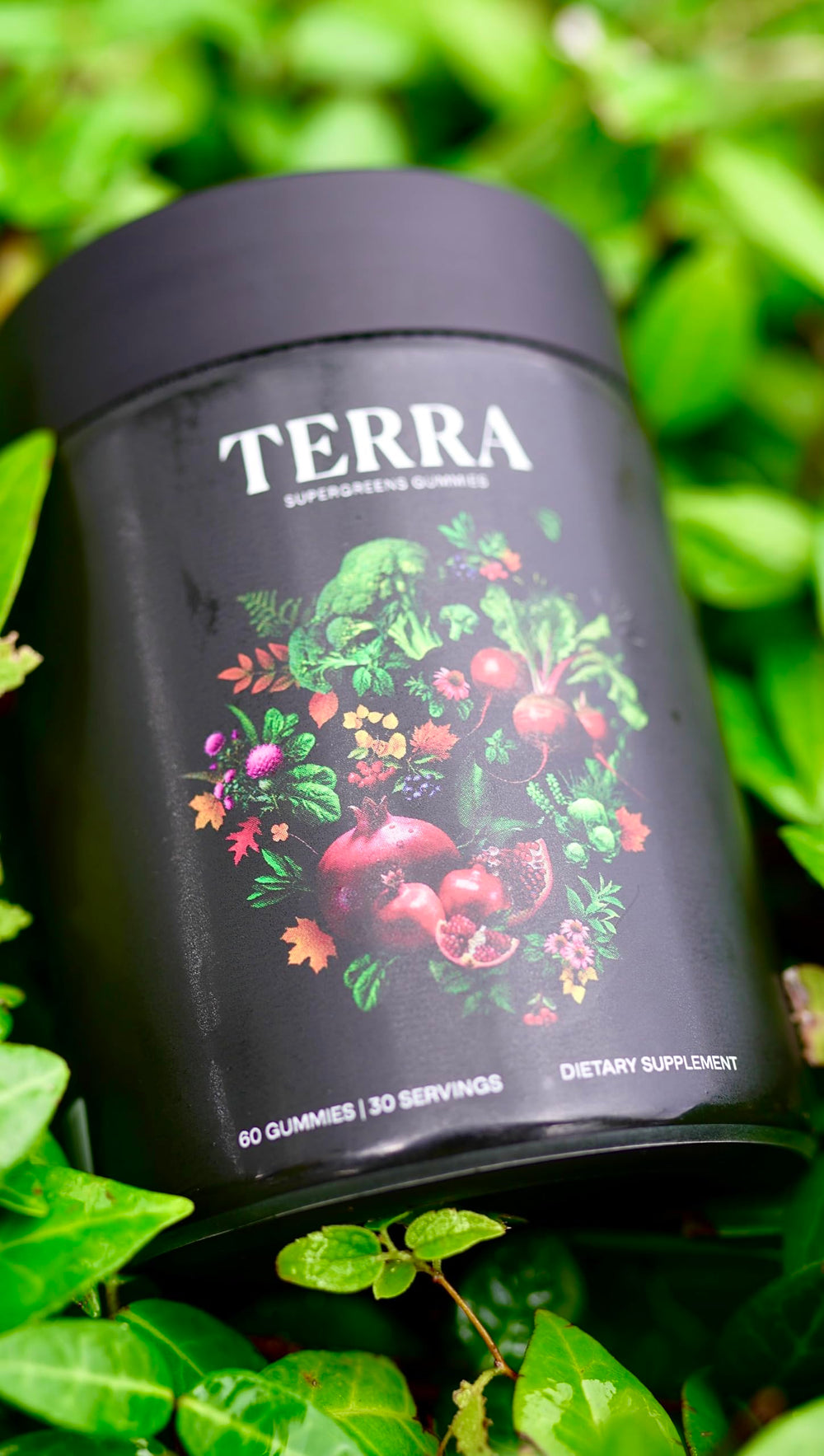 NAO Terra Supergreens gummies on-hand demonstrate portable daily supplementation.