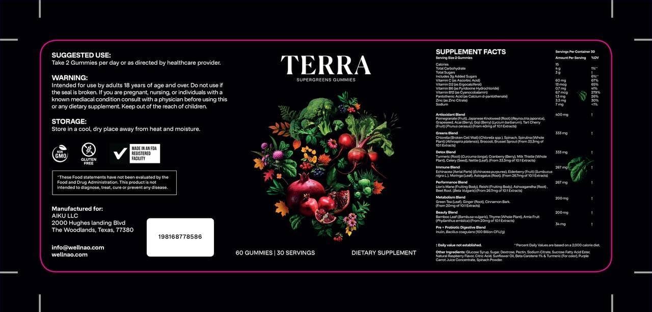 NAO Terra Supergreens immune-blend image hints immune-friendly routine benefits.