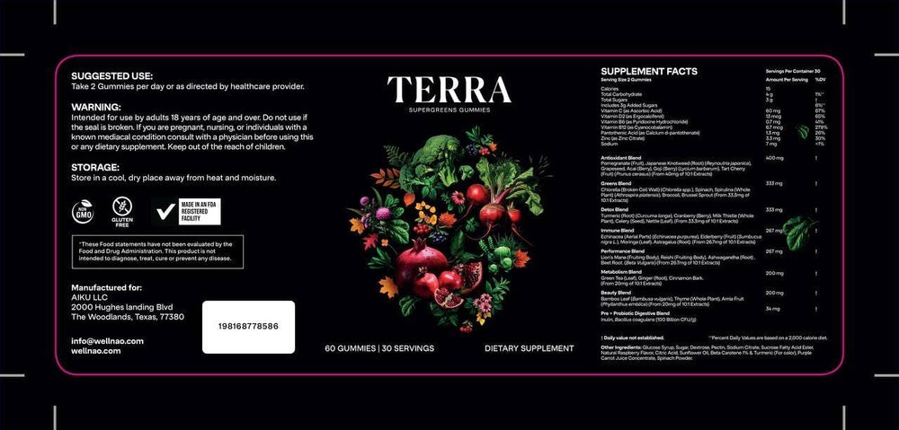 NAO Terra Supergreens immune-blend image hints immune-friendly routine benefits.