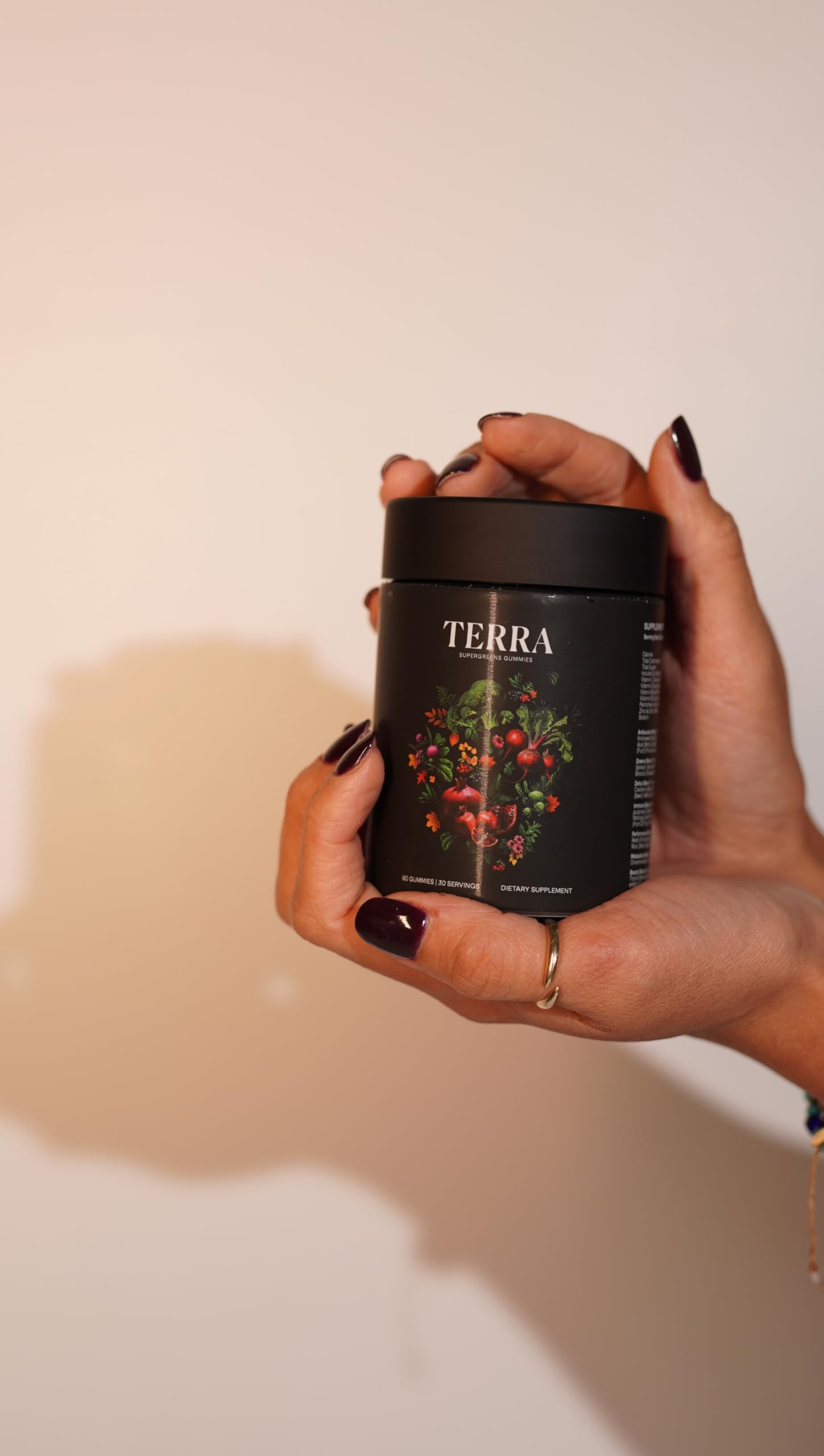 NAO Terra Supergreens label details highlight clean ingredients and vegan formula.