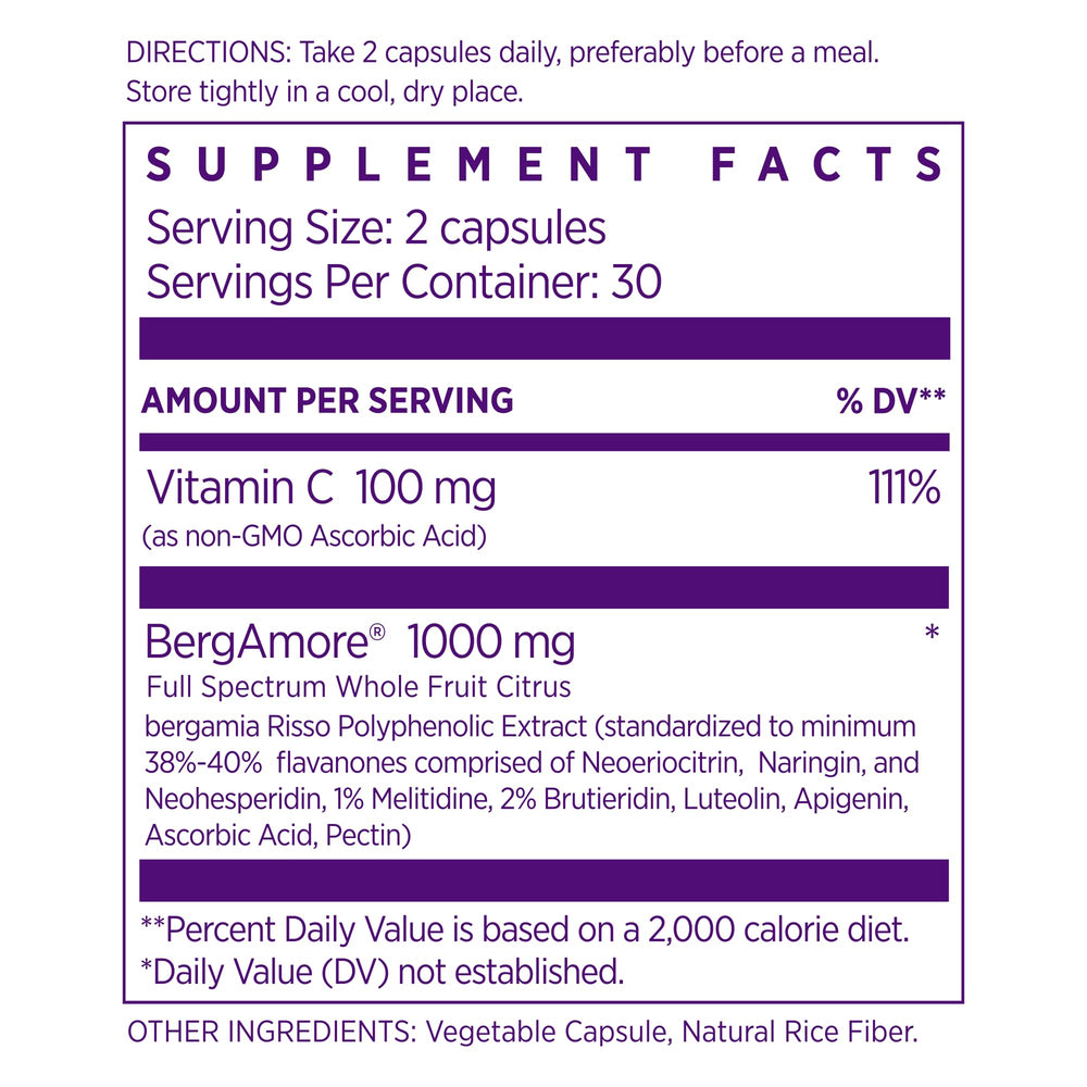 NAOMI Bergamore bottle back with dosage info for heart health
