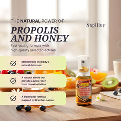 Close-up of ingredients: propolis, honey, ginger, pomegranate.