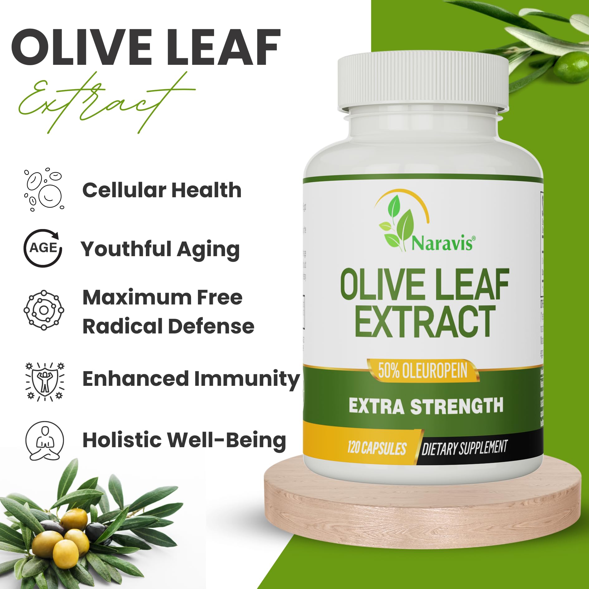 Naravis Olive Leaf Extract label close-up indicates 50% oleuropein potency