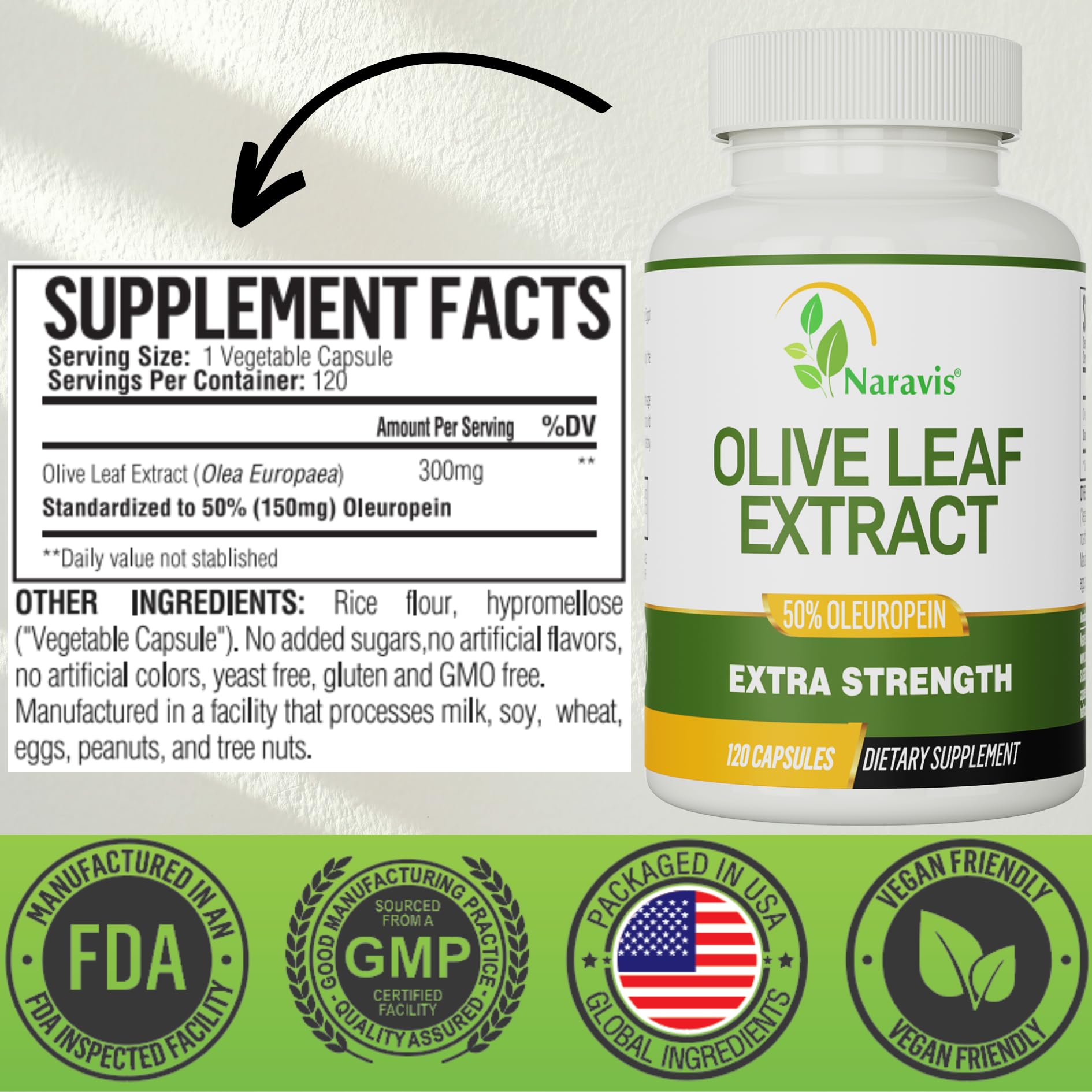 Naravis Olive Leaf Extract capsules highlight vegetarian, vegan-friendly format for daily use