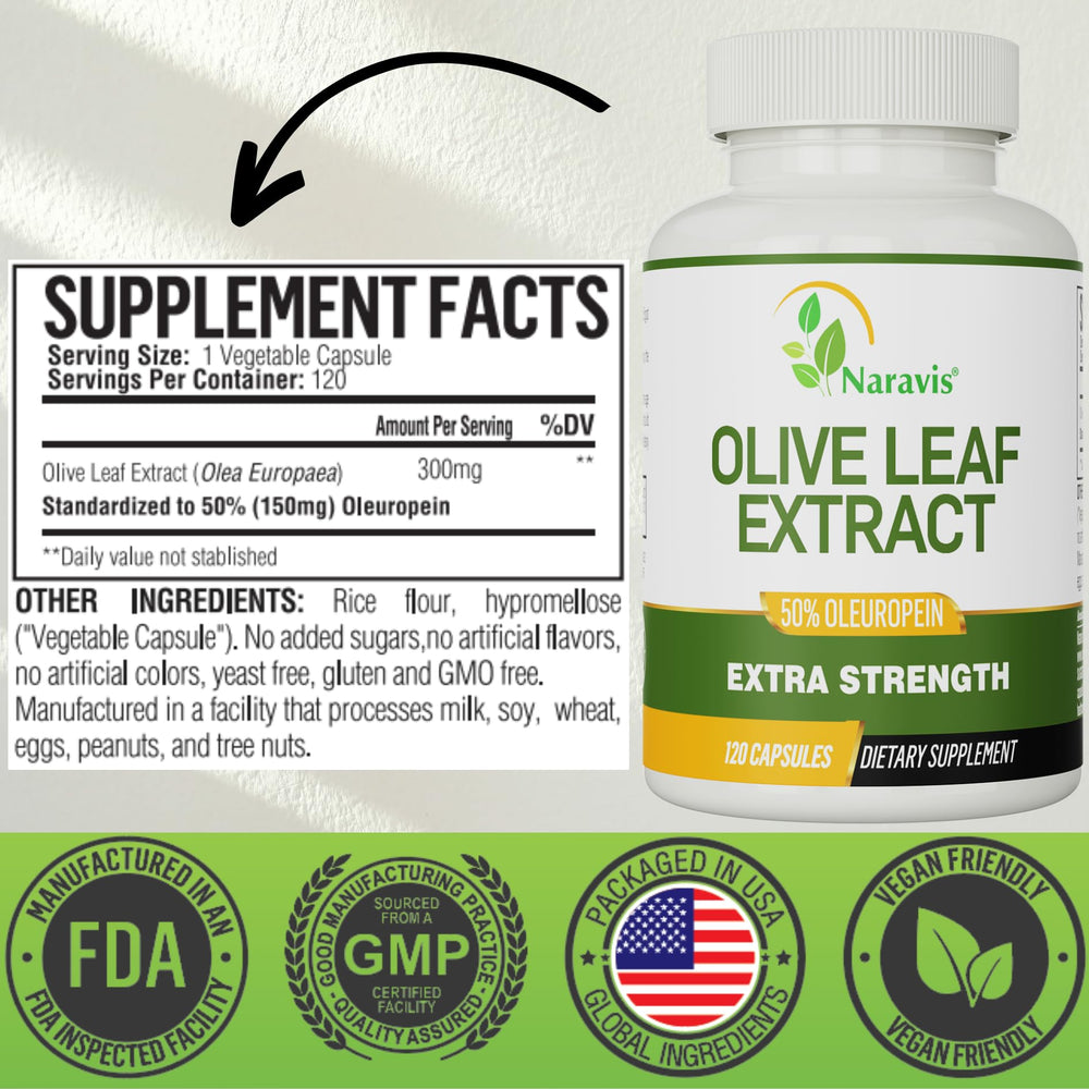 Naravis Olive Leaf Extract capsules highlight vegetarian, vegan-friendly format for daily use