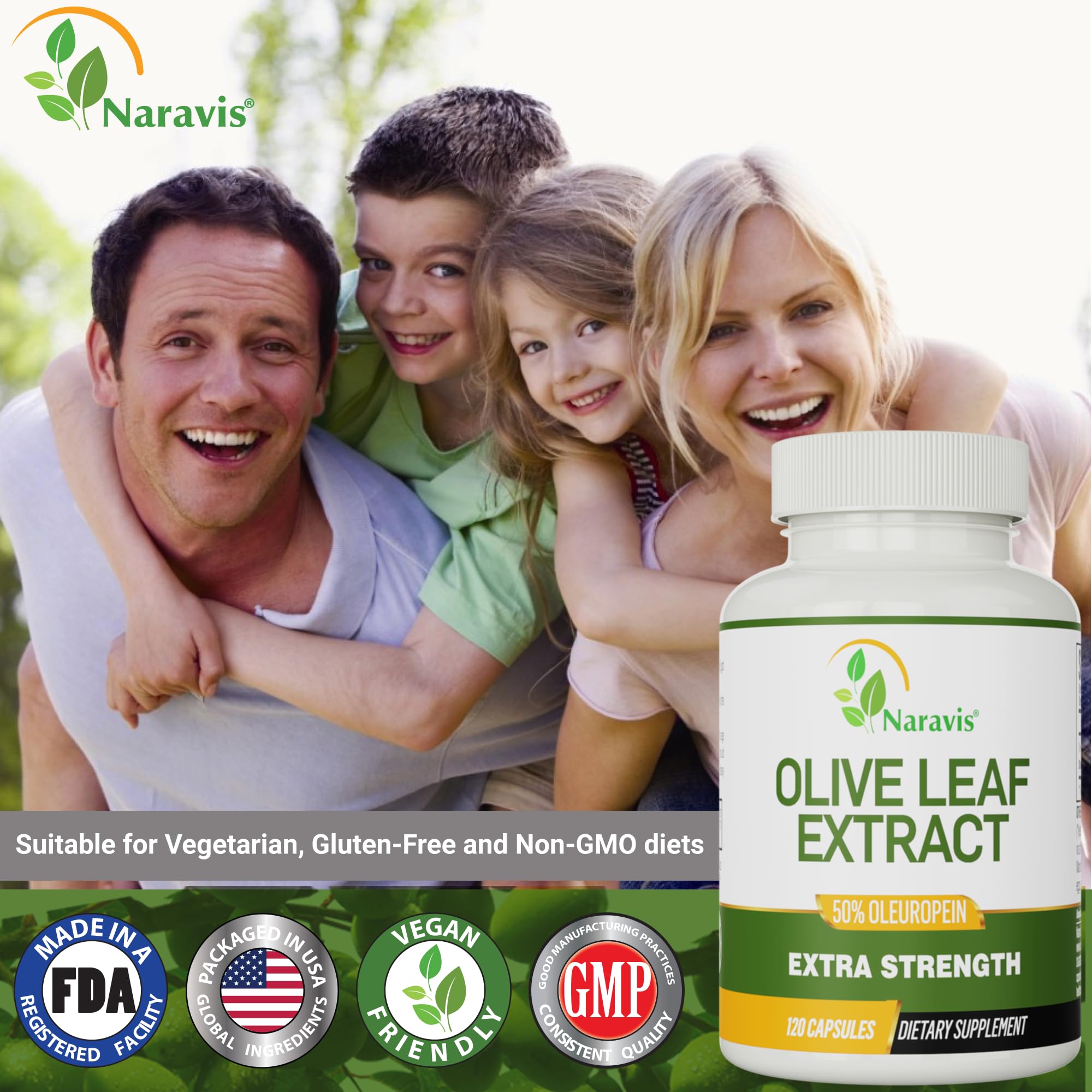 Naravis Olive Leaf Extract capsules emphasize gluten-free and vegan-friendly formula