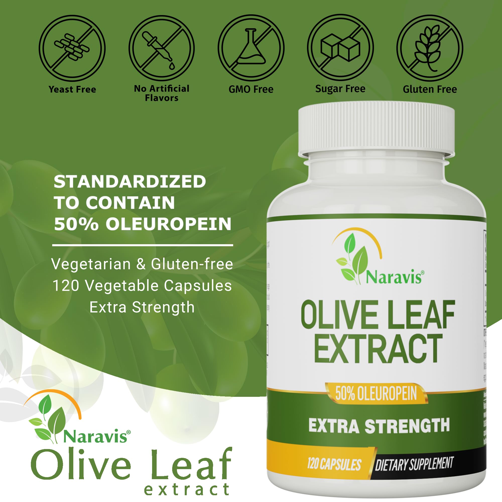 Naravis Olive Leaf Extract ingredients label confirms 50% oleuropein standardization