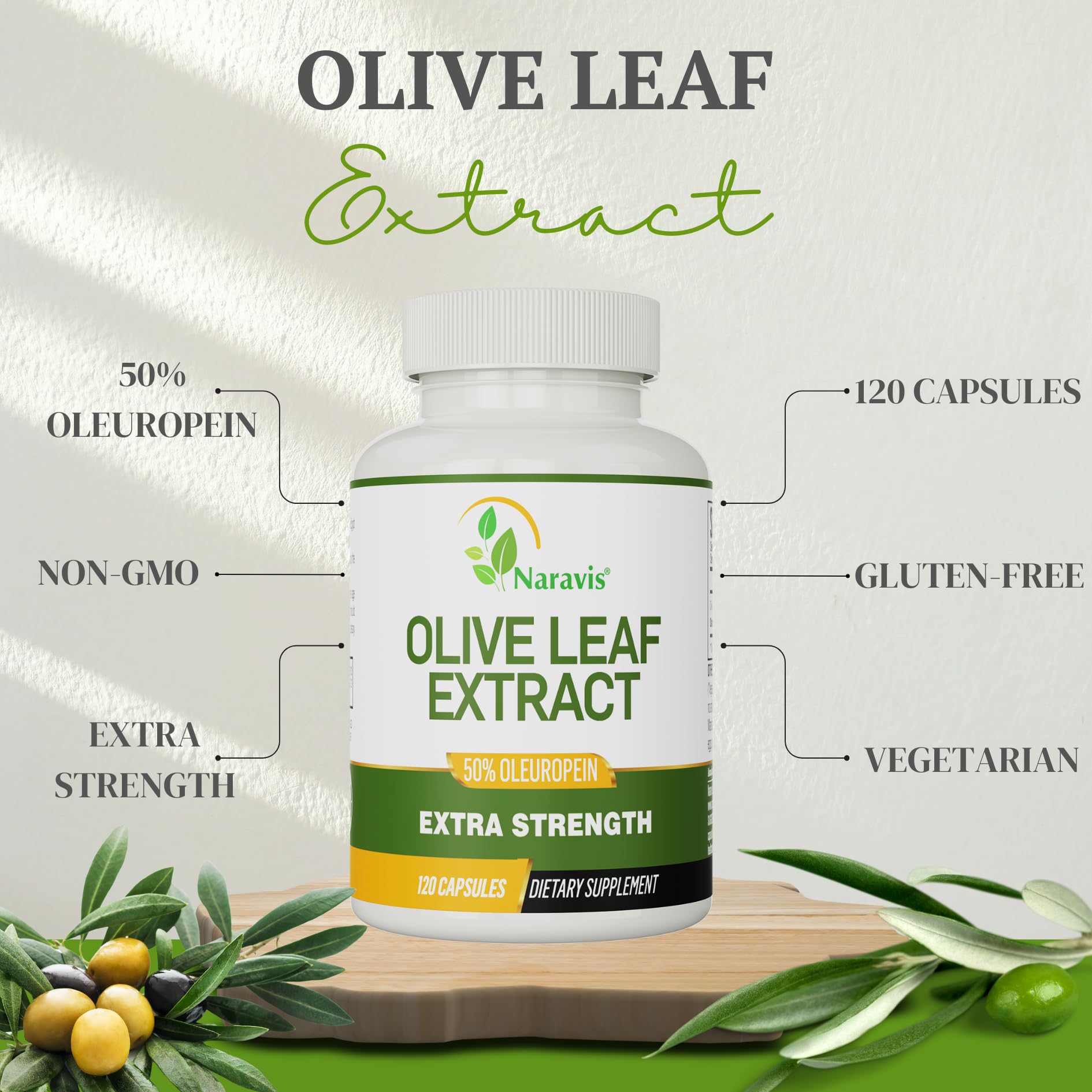 Naravis Olive Leaf Extract packaging highlights premium European olive origin