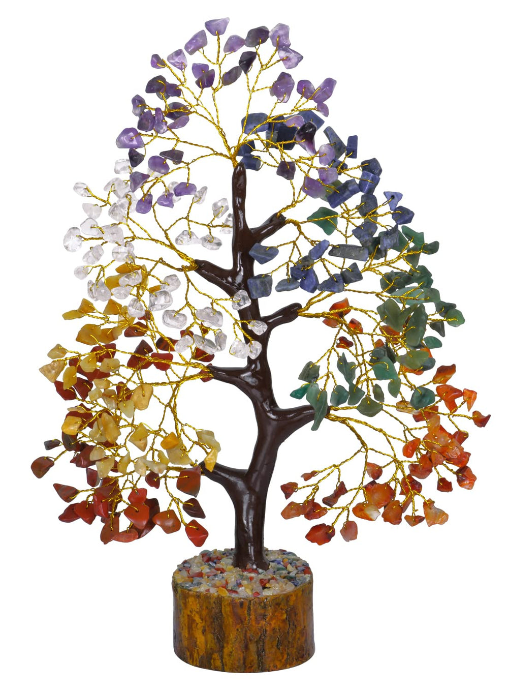 Naribabu 7 Chakra Crystal Tree on wooden base with golden wires for an elegant centerpiece.