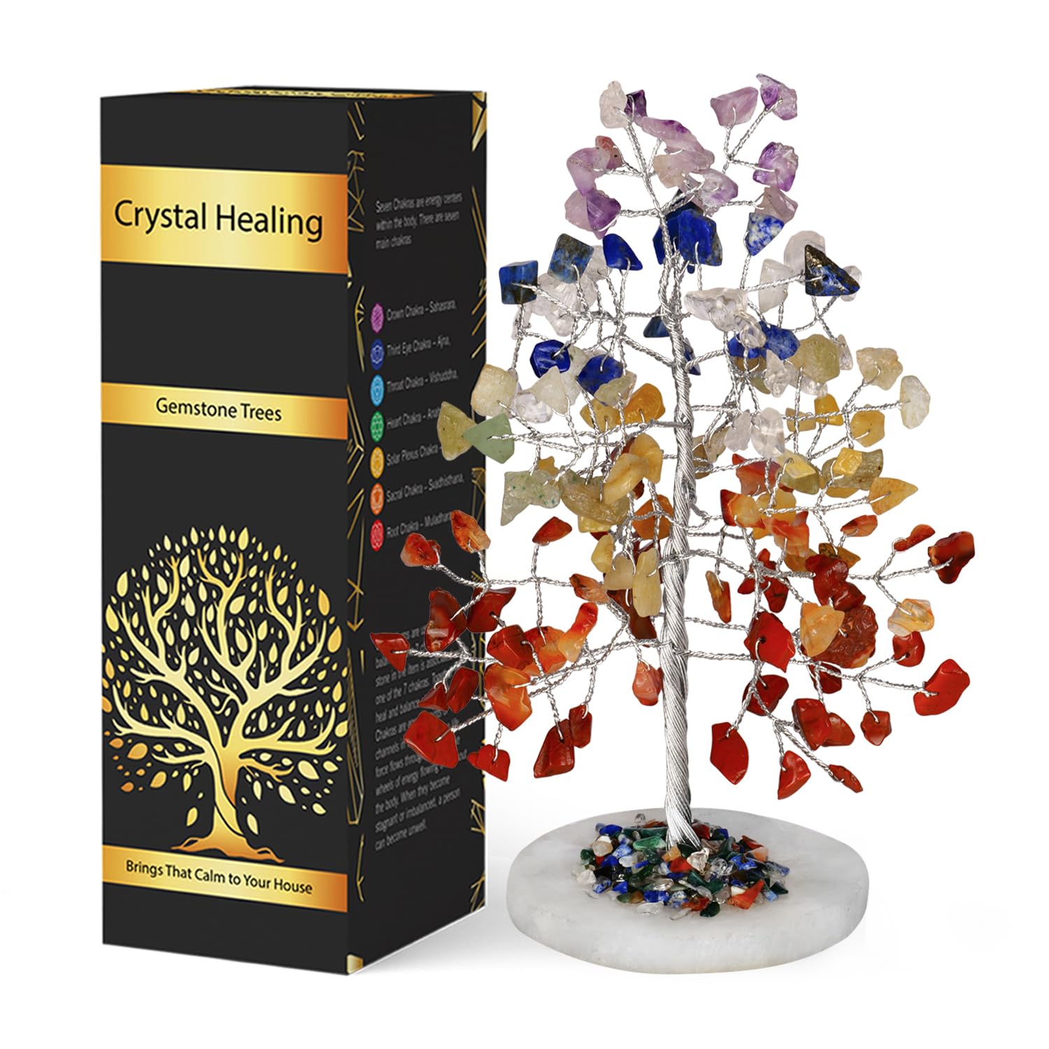 Naribabu 7 Chakra Tree on agate base, elegant mindful decor.