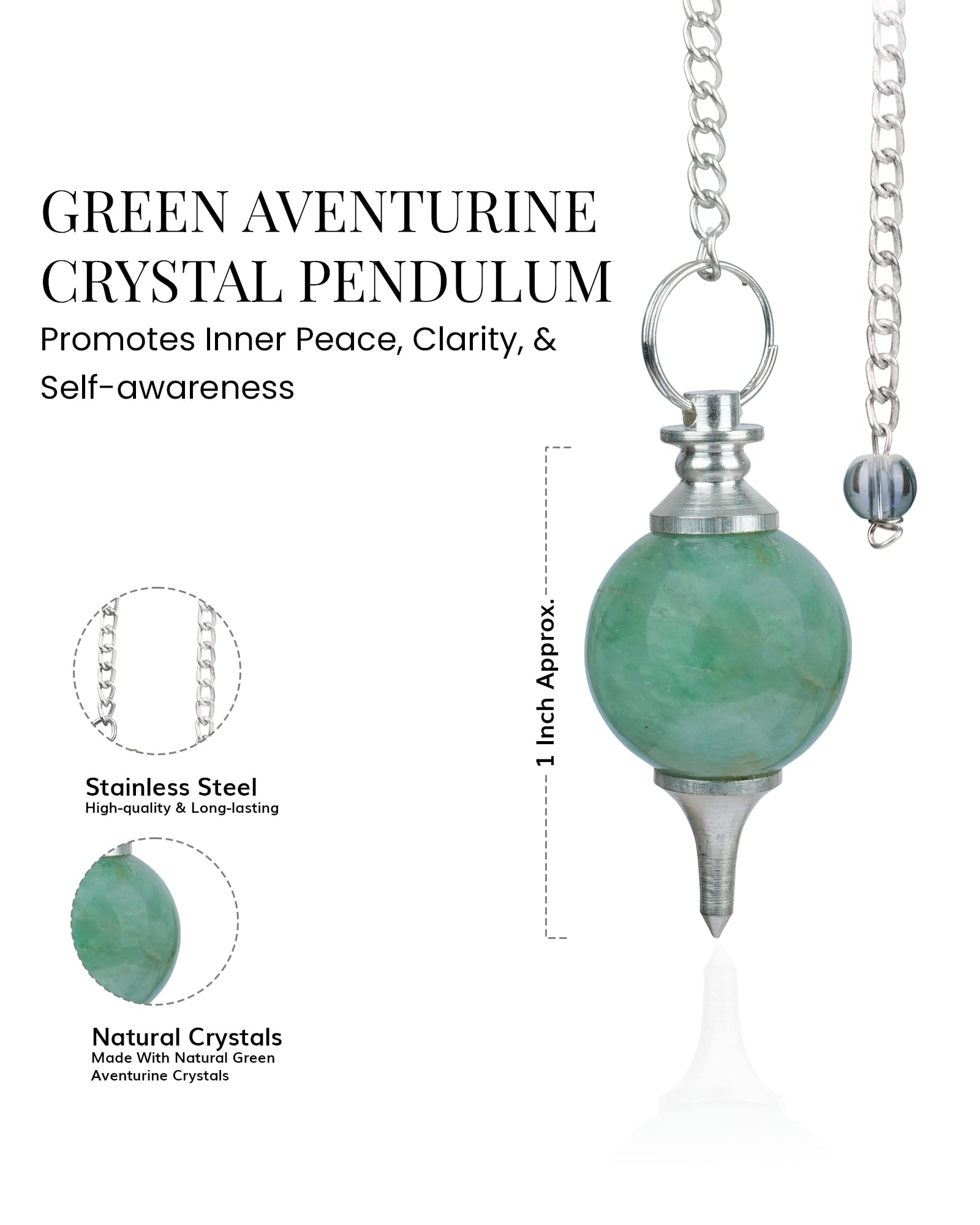 Naribabu green aventurine pendulum chain closeup with silver chain detail.