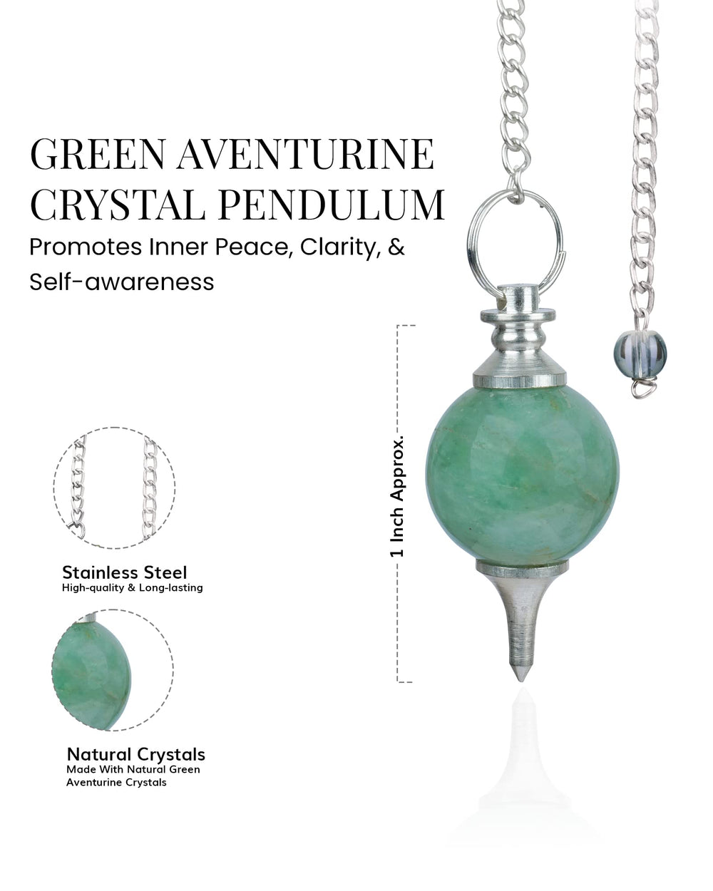 Naribabu green aventurine pendulum chain closeup with silver chain detail.