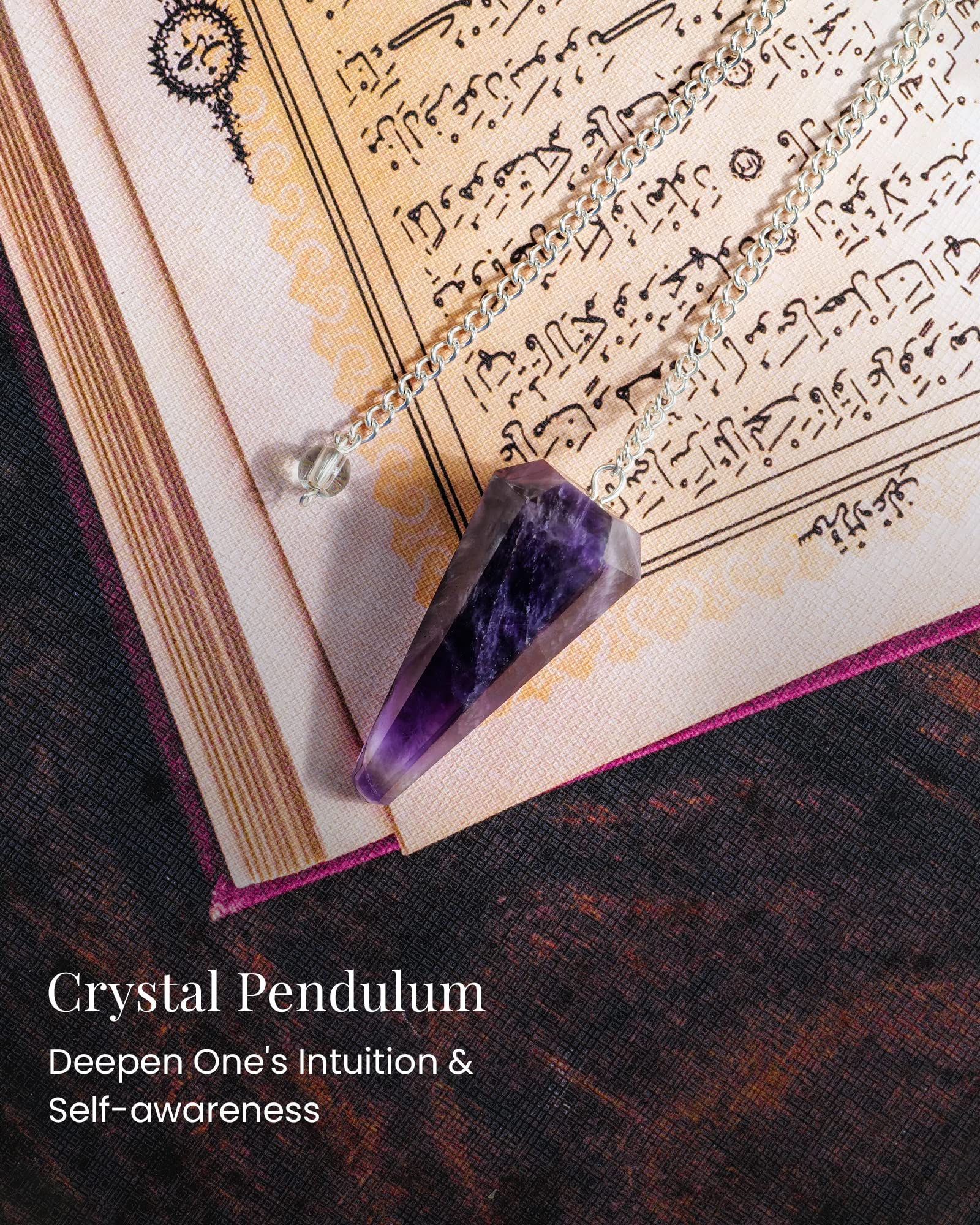 Naribabu amethyst crystal pendulum for Reiki-inspired healing sessions.
