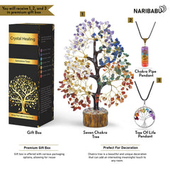 NARIBABU Seven Chakra Tree wooden base enhances natural room aesthetics.